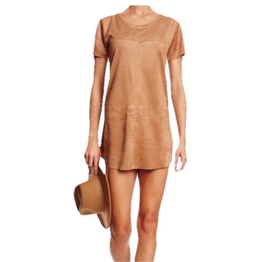 Olivaceous Tunic Tee Dress Womens Brown Stretch Faux Suede Short Sleeve L